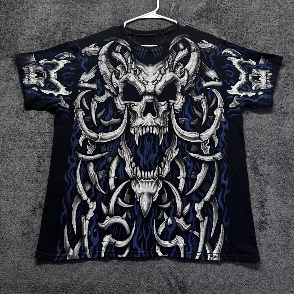 Liquid Blue Blue Flame Skull Graphic T Shirt Mens XL Y2K Black AOP Grunge Skate